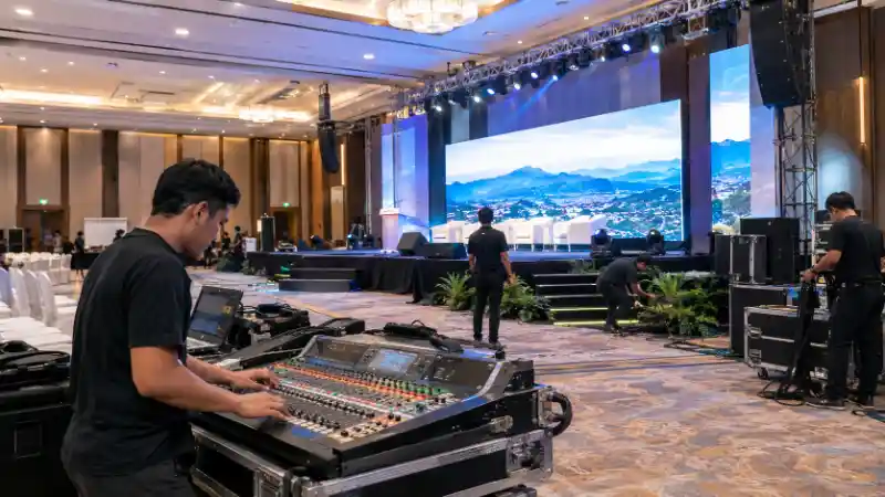 Ilustrasi tim event production mempersiapkan sound system dan peralatan panggung untuk acara di Bandung